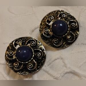 Vintage Rustic Silvertone Celestial Abstract Sun/ blue cabochon Stone/Clip-ons